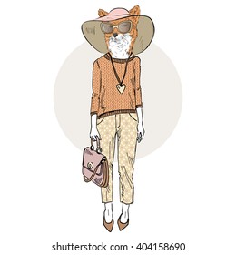fox girl dressed up in trousers and knitted pullover, furry art illustration, fashion animals