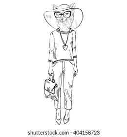 fox girl dressed up in trousers and knitted pullover, furry art illustration, fashion animals