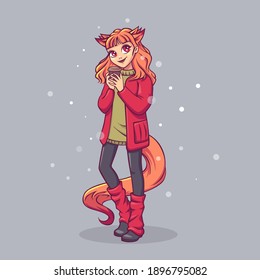 Fox girl drinks coffee, in winter clothes. Girl with a tail. Vector illustration.