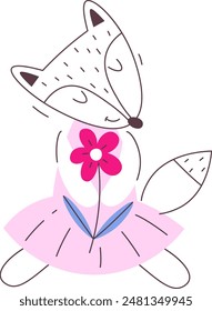 Fox Girl With Flower Outline Vector Illustration