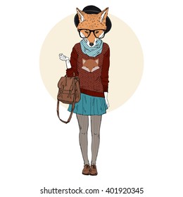 fox girl hipster in foxy pullover, furry art illustration, fashion animals