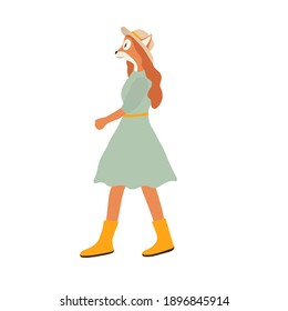 Fox girl with red hair in a dress, hat and yellow boots. Children's illustration for postcards
, books, fairy tales. Vector illustration on a white background.