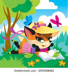 
fox girl resting in a meadow with a book, summer, season