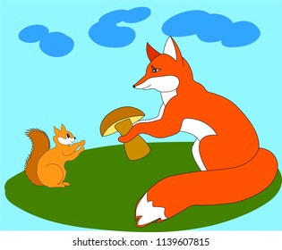 Fox gives mushroom squirrel