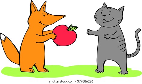 Fox giving apple to cat