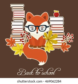 Fox In Glasses Close To Many Books, Autumn Leaves And Berries. Vector Back To School Illustration. Eps 10