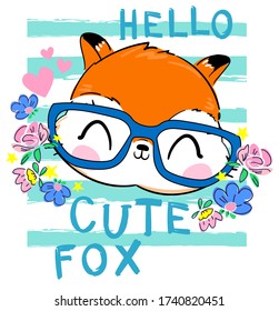 Fox in glasses with flowers. Print design for kidswear, fashion. Vector illustration
