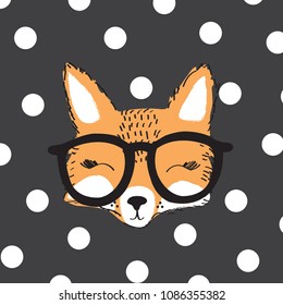 fox with glasses on polka dots backgorund vector illustration