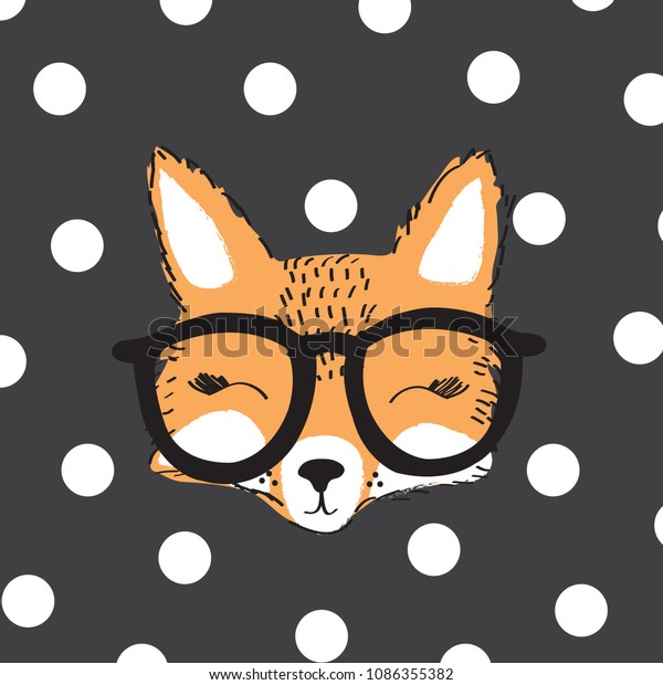 fox with glasses on polka dots backgorund vector illustration