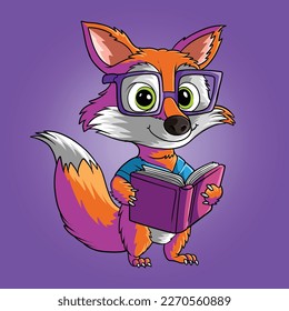 Fox With Glasses Reading Book Cartoon