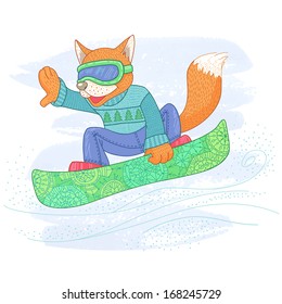 Fox in glasses and a sweater on a snowboard