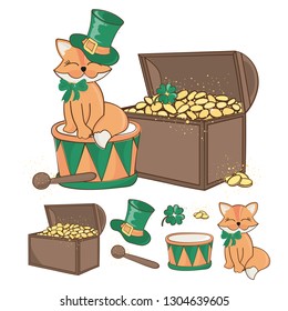 FOX GOLD Saint Patrick's Day Cartoon Vector Illustration Set for Print, Fabric and Decoration.