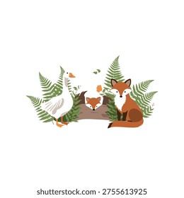 Fox and Goose in Forest, Illustration of Animals in Nature, Cartoon Style, Wildlife Concept