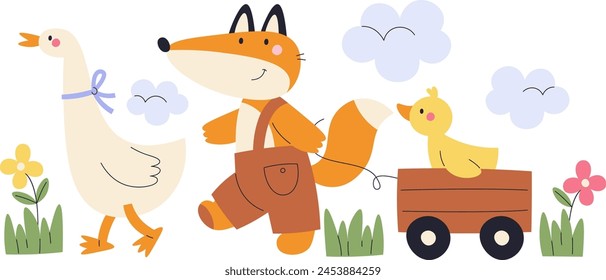 Fox And Gooses Walking Vector Illustration