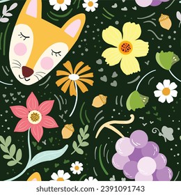 Fox grape and flower seamless pattern
