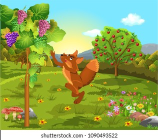 The fox and the grapes classic fable vector illustration