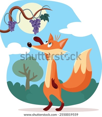 
The Fox and the Grapes Fable Vector Cartoon illustration. Funny story about an animal in cognitive dissonance about failure 
