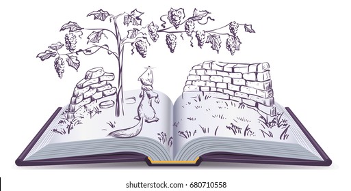 Fox y uvas. Abrir ilustración de fábula de libro. Dibujo de vectores