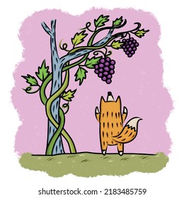 The Fox and the grapes picture for story book. Aesop's fable illustration. Cute illustration cartoon for fairy tale story and book. 