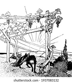 Fox and Grapes, this scene shows Fox standing under grape vine plant, sun and mountains in background, vintage line drawing or engraving illustration