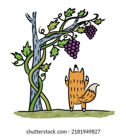 The Fox and the grapes vector illustration for story book. Aesop's fable illustration transparent background. Cute illustration cartoon for fairy tale story and book.