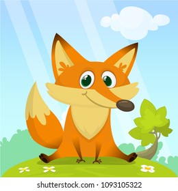 Fox in the grass - a children's cartoon illustration - stylized vector image. For print, create videos or web graphic design, user interface, card, poster.