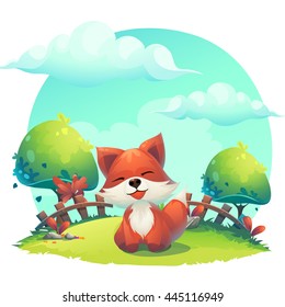 Fox in the grass - a children's cartoon illustration - stylized vector image. For print, create videos or web graphic design, user interface, card, poster.