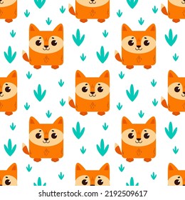 Fox en el pasto. Patrón con lindos animales de dibujos animados. Papel de los niños de Kawaii con mascotas. Ilustración vectorial para tela, papel, papel pintado, embalaje