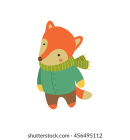 Fox In Green Warm Coat Childish Illustration
