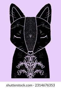 Fox. Grunge texture black element. Illustration in linocut style, folk art, Scandinavian style. Element for design.
