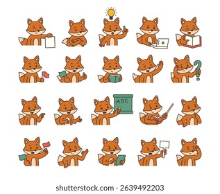Fox guide character set with educational gestures and emotional reactions holding books flags laptop signs tablets pointing teaching communication tools for yours and projects