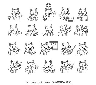 Fox guide character set with educational gestures and emotional reactions holding books flags laptop signs tablets pointing teaching communication tools for yours and projects