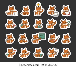 Fox guide character set with educational gestures and emotional reactions holding books flags laptop signs tablets pointing teaching communication tools for yours and projects
