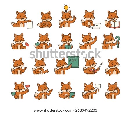 Fox guide character set with educational gestures and emotional reactions holding books flags laptop signs tablets pointing teaching communication tools for yours and projects