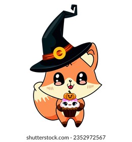 fox halloween witch hat cupcake kawaii cute character festive vector illustration