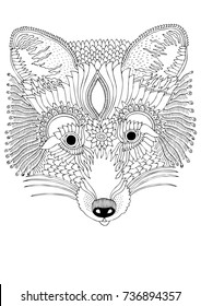 Fox. Hand drawn picture. Sketch for anti-stress adult coloring book in zen-tangle style. Vector illustration  for coloring page, isolated on white background.