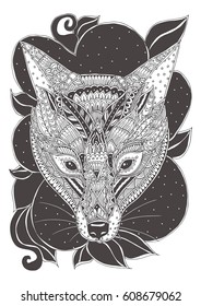 Fox. Hand-drawn with ethnic floral doodle pattern. Coloring page - zendala, design for spiritual relaxation for adults, vector illustration, isolated on a white background. Zen doodles.