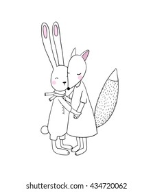 The fox and the hare.  Animals of the forest. Hand drawing isolated objects on white background. Vector illustration. 