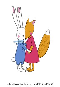 The fox and the hare. Animals of the forest. Hand drawing isolated objects on white background. Vector illustration. 