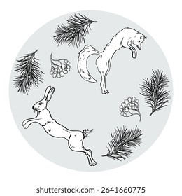 Fox and hare in circle clipart with pine branches and rowan berries black and white line art illustration. Hand drawn forest animals, winter botanicals for holiday print, rustic seasonal dishware.