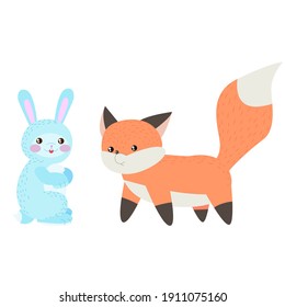 
fox and hare. cute rabbit. cute fox. children's drawing. Forest animals. stock vector children's illustration isolated on white background.