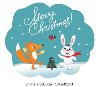 Fox and Hare dancing at the Christmas tree. The image contains the text "Merry Christmas". Vector image.