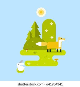 Fox and a hare in a forest. Landscape. Vector flat illustration.