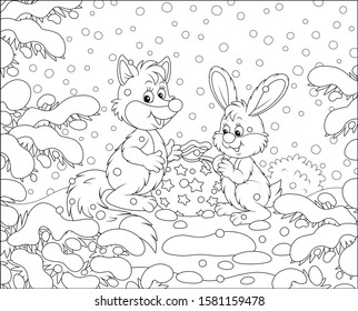 Fox and Hare with a holiday gift bag under snow-covered fir branches in a winter forest on a beautiful snowy day, black and white outline vector cartoon illustration