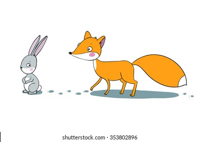 The fox and the hare. Winter.  Hand drawing isolated objects on white background. Vector illustration.