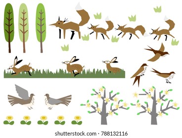 Fox and a hare.Image of spring. Illustration of spring landscape. Material collection.