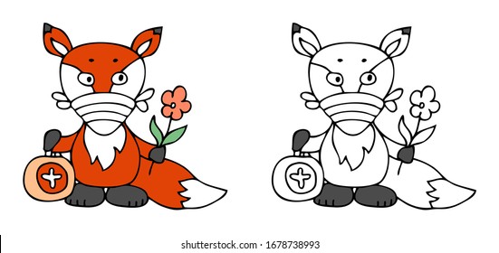 Fox hat eine Gesichtsmaske an. Kleine Illustration von Fuchs - Arzt. Vektorillustration-Illustration für Concept Quarantine und Krankheitsbehandlung Coronavirus. Illustration für Kinderarzt, Kinderkrankenhaus.
