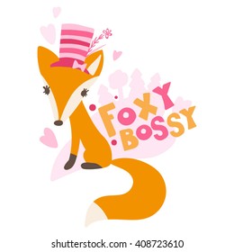 Fox in a Hat and Inscription Foxy Bossy Vector Illustration
