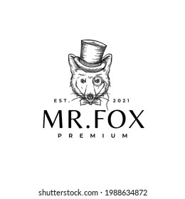 Fox and Hat Monocle Mascot Drawing Logo Vintage Hipster Template Icon Vector