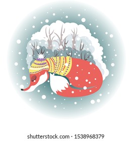 Fox in a hat and scarf sleeping on the background of winter and snow-covered trees, it's snowing
